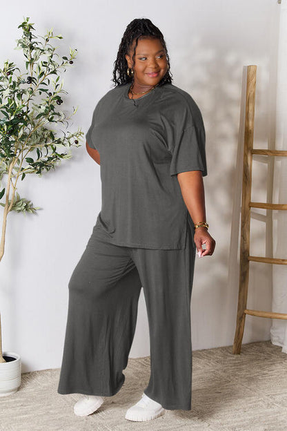 Short Sleeve Slit Top and Wide Leg Pants Set