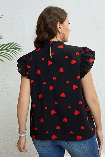 Women's Plus Size Black Top with Red Heart Print, Short Cap Flutter Sleeves, Mock Neck, Back Button Closure