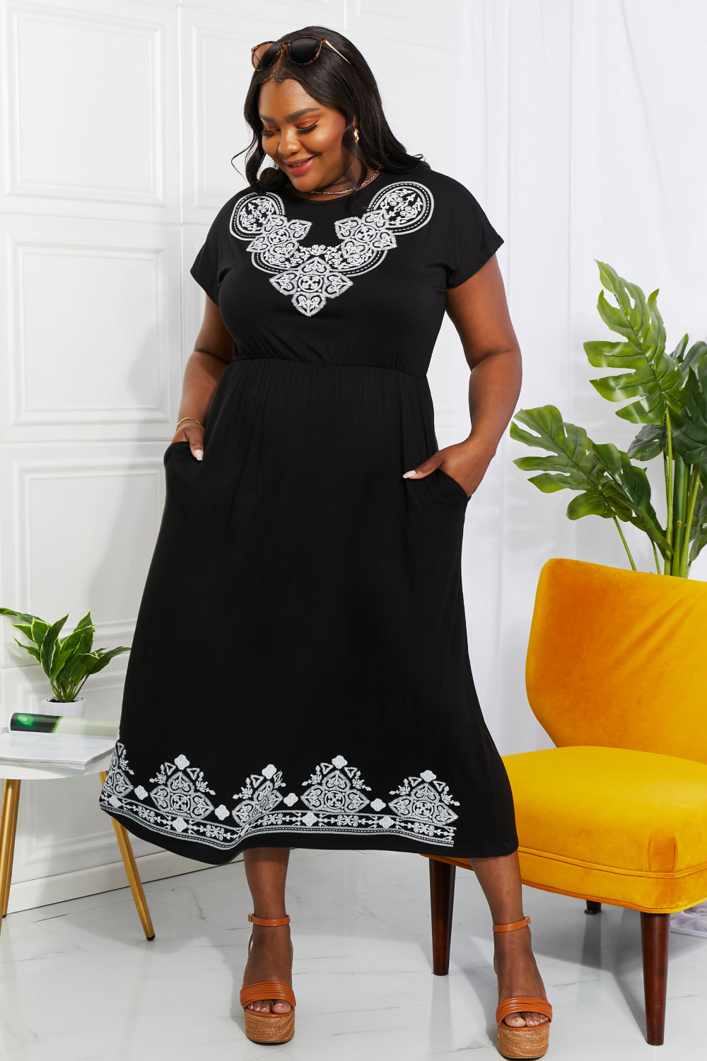 Damask Black and White Dress with short sleeves hitting below the calf and above the ankle