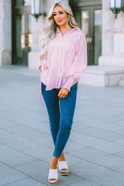 Striped Button Front Smocked Shirt