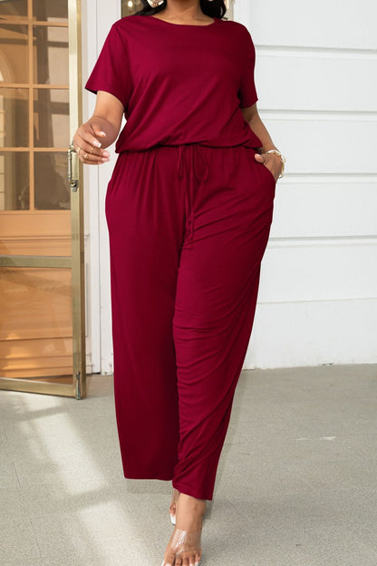 Plus Size Wine Red Drawstring Waist Short Sleeve Wide Leg Jumpsuit with Pockets