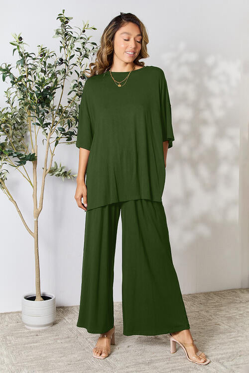 Short Sleeve Slit Top and Wide Leg Pants Set