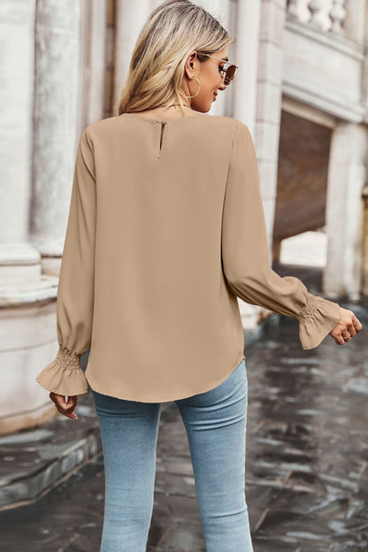 Women's Camel Colored Round Neck Long Flounce Sleeve Blouse with Smocked Wrists, Rounded Hem Line in Front and Back