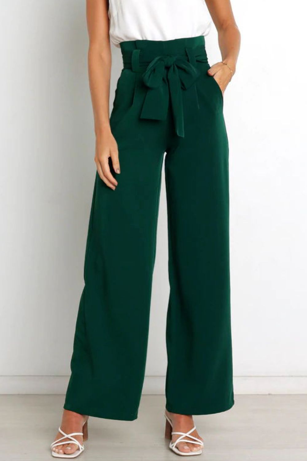 forest green Tie Front Paperbag Wide Leg Pants