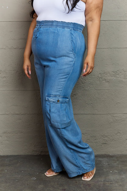 soft denim cargo pants, wide leg, elastic waistband 