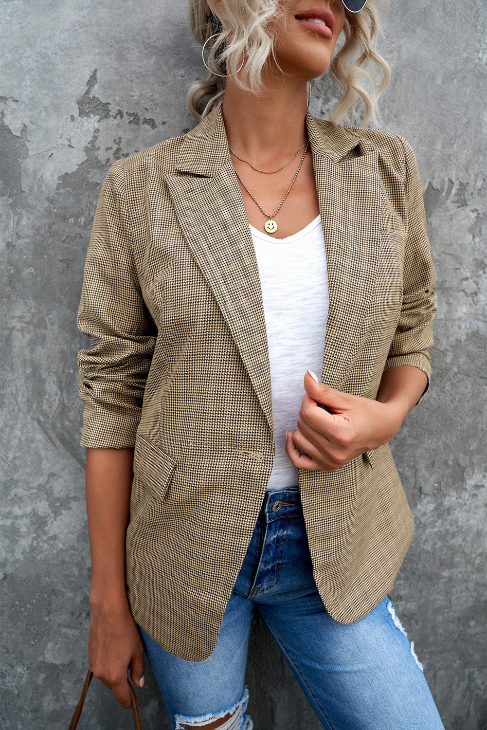 Women's Brown and Ivory Plaid Lapel Collar One-Button Cuff Blazer, Regular Length, Long Sleeves, Faux pockets on both sides, Small to 2X