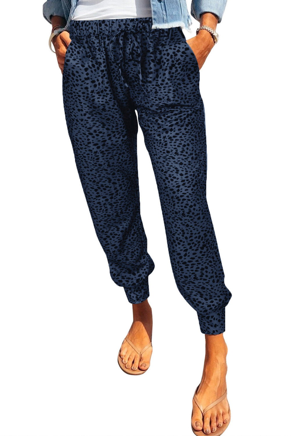 Women's Navy Blue and Black Leopard Print Jogger Pants with Pockets
