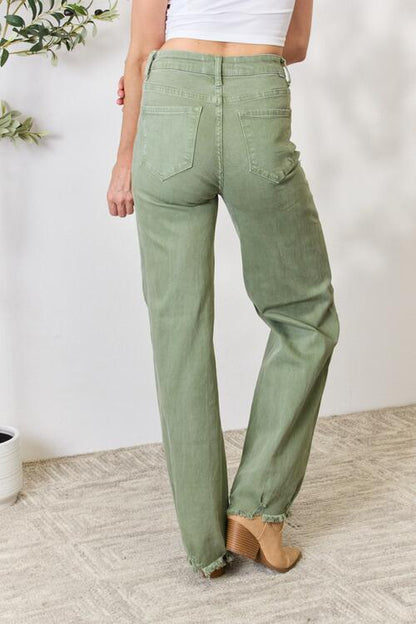 Raw Hem Wide-Leg Jeans - Sage