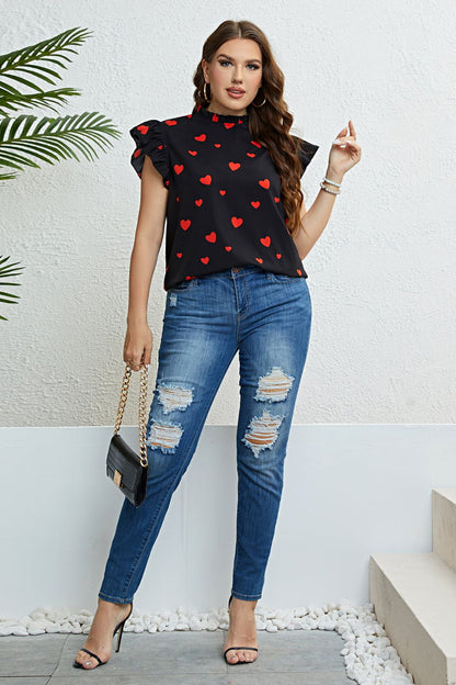 Women's Plus Size Black Top with Red Heart Print, Short Cap Flutter Sleeves, Mock Neck