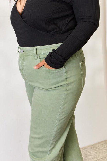 Raw Hem Wide-Leg Jeans - Sage