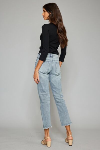 High Waist Button Fly Raw Hem Cropped Straight Jeans by Kancan