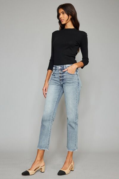 High Waist Button Fly Raw Hem Cropped Straight Jeans by Kancan