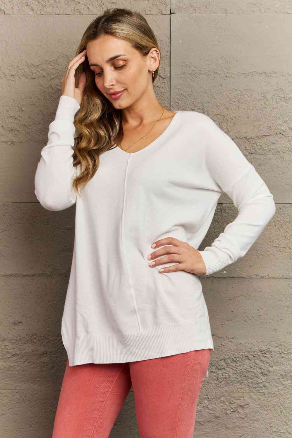 women's long sleeve ivory sweater, long with side slits and center seam