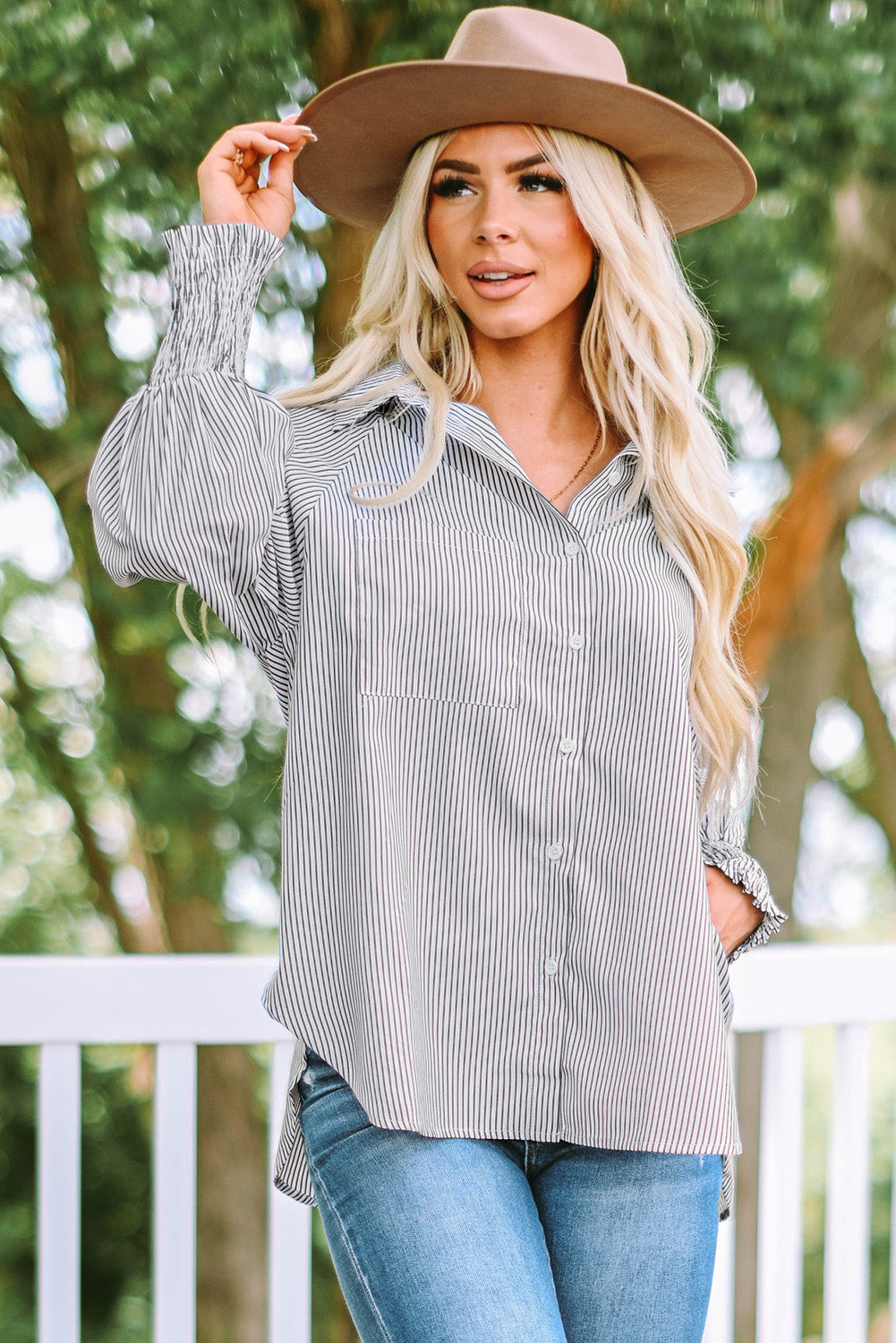 Striped Button Front Smocked Shirt