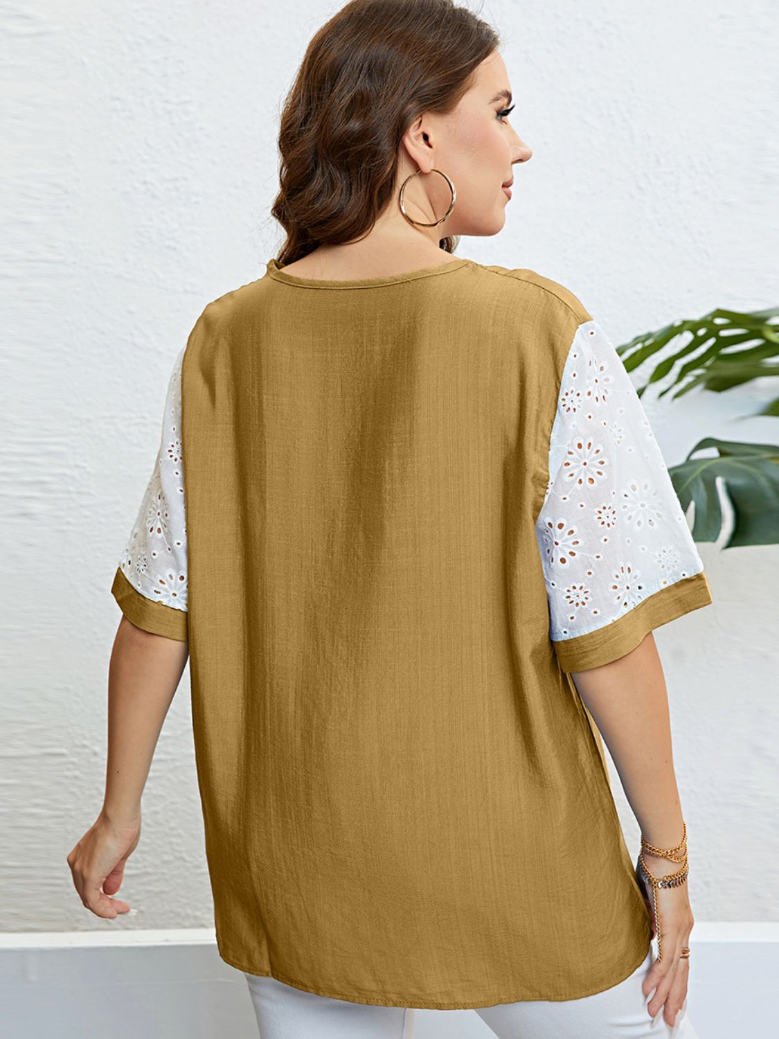 Plus Size Camel Colored Top with Contrast White laser cut short Sleeves, Back view, Hits right under bottom