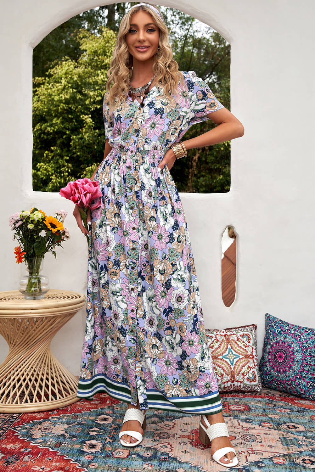 Floral Buttoned Short Sleeve Maxi Dress