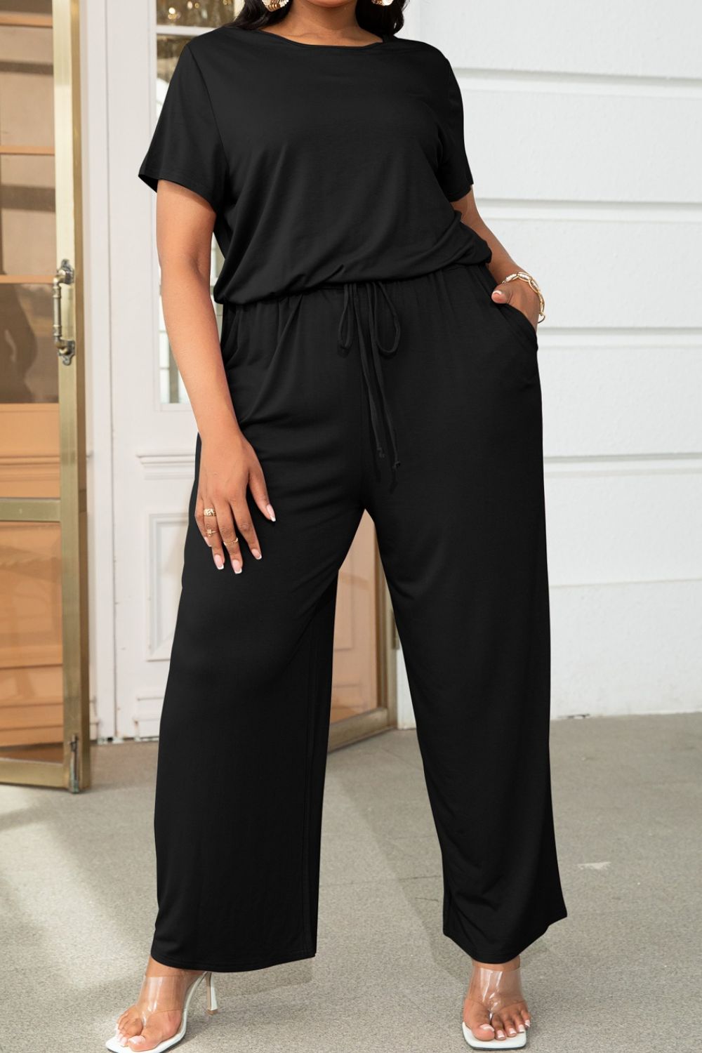 Plus Size Black Drawstring Waist Short Sleeve Wide Leg Jumpsuit with Pockets