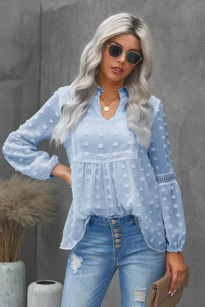 Women's Long Sleeve Swiss Dot Frilled Notched Neck Blouse in Pale Blue