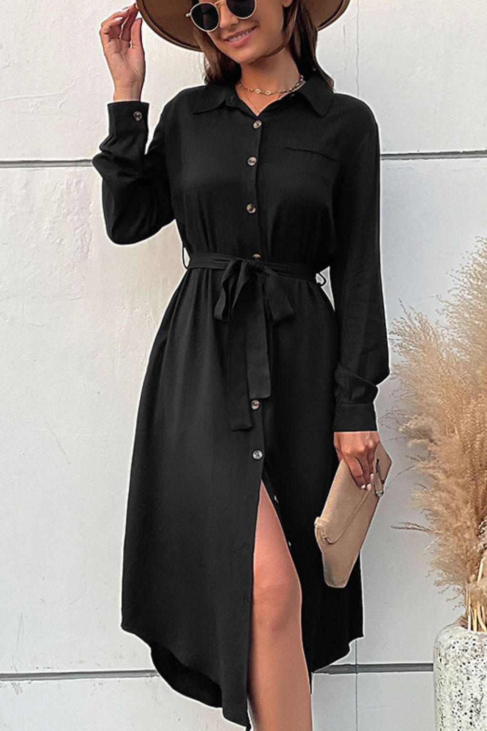 Women's Black Curved Hem Belted Long Sleeve Button Down Shirt Dress