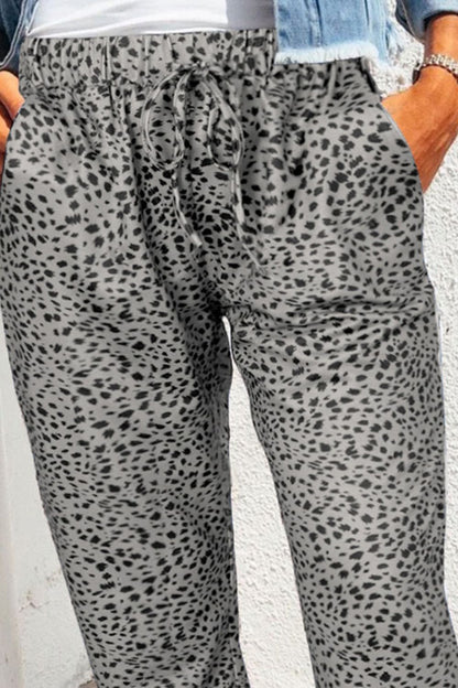 Closeup of Women's Heather Gray Leopard Print Joggers