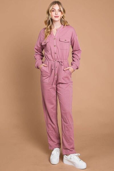 womens' pink Button Up Drawstring Waist Straight Jumpsuit