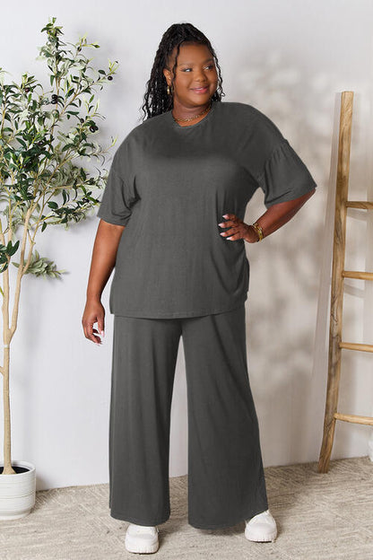 Short Sleeve Slit Top and Wide Leg Pants Set