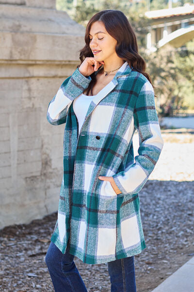 women's cute teal plaid coat with pockets