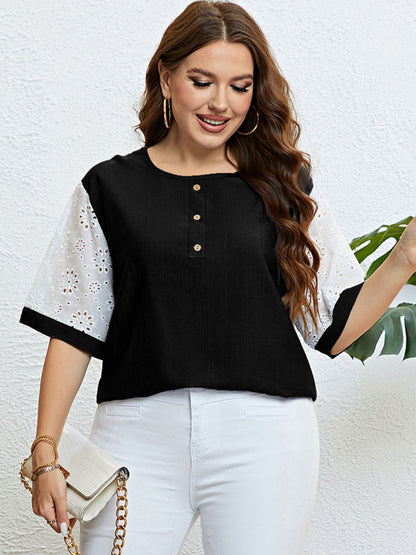 Plus Size Black Top with Contrast White laser cut short Sleeves