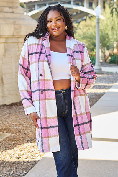 plus size cute pink plaid coat with pockets