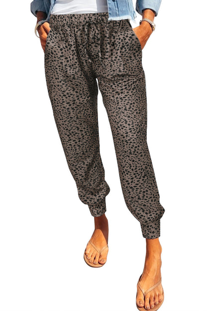 Women's Leopard Print Jogger Pants in Coffee Brown, side pockets