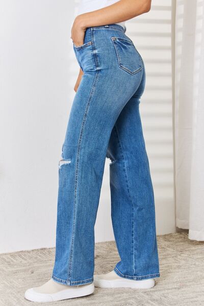 High Waist Distressed Straight-Leg Jeans by Judy Blue