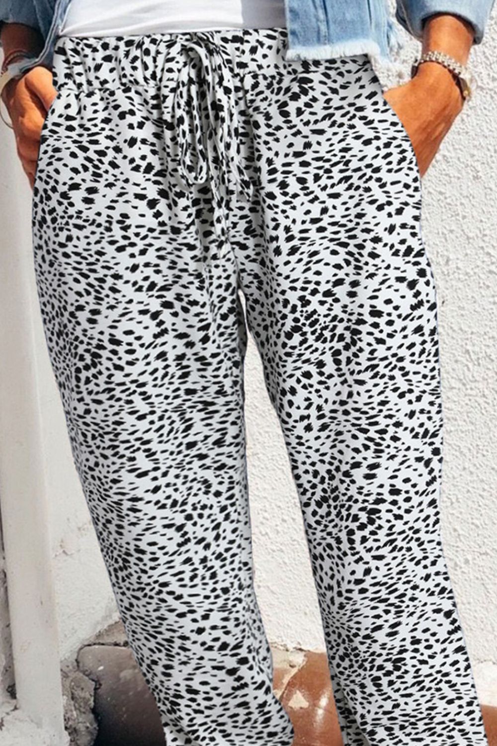 Closeup of Women's Heather Gray Leopard Print Joggers