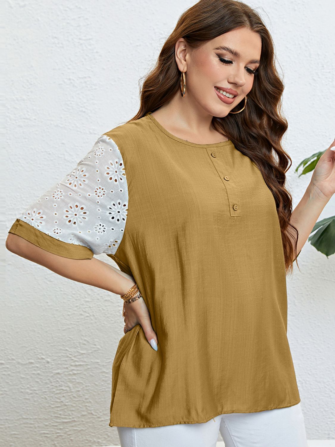 Plus Size Camel Colored Top with Contrast White laser cut short Sleeves