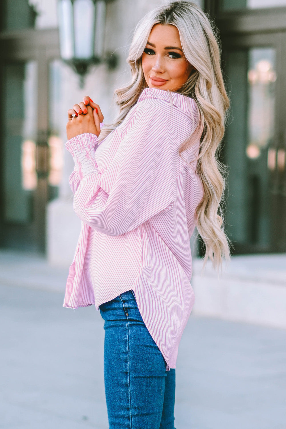 Striped Button Front Smocked Shirt