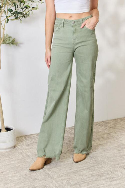 Raw Hem Wide-Leg Jeans - Sage