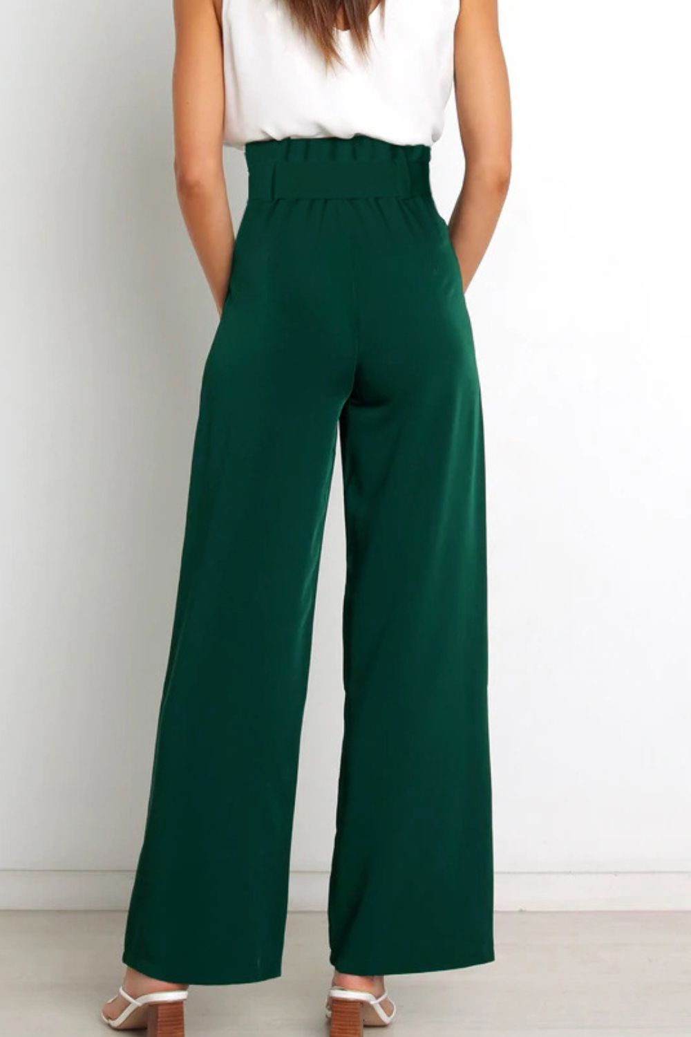forest green Tie Front Paperbag Wide Leg Pants