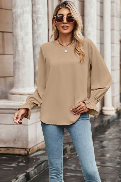 Women's Round Neck Long Flounce Sleeve Blouse with Smocked Wrists in Camel color, Rounded Hem Line in Front and Back