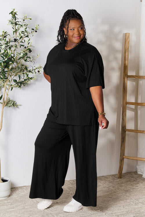 Short Sleeve Slit Top and Wide Leg Pants Set