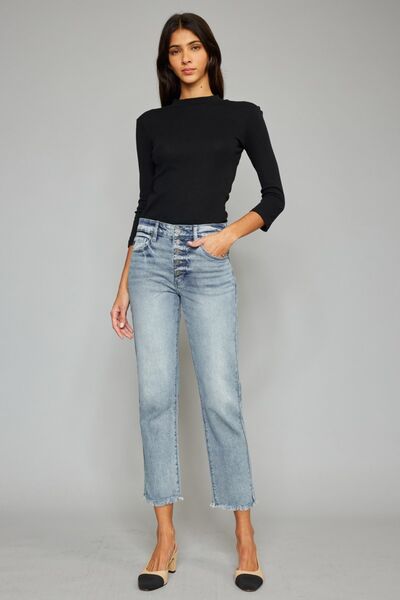 High Waist Button Fly Raw Hem Cropped Straight Jeans by Kancan