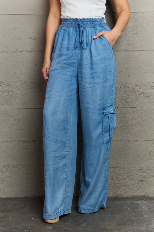 soft denim cargo pants, wide leg, elastic waistband