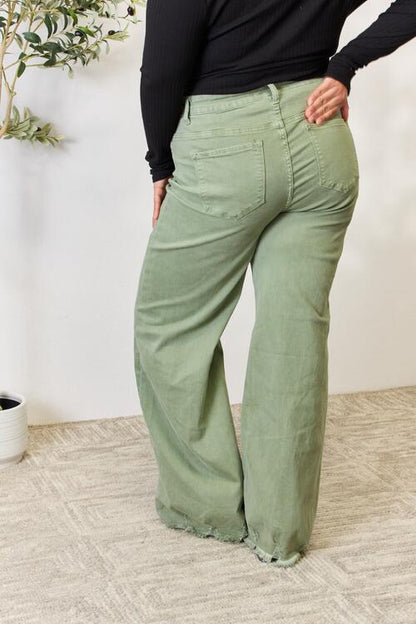 Raw Hem Wide-Leg Jeans - Sage