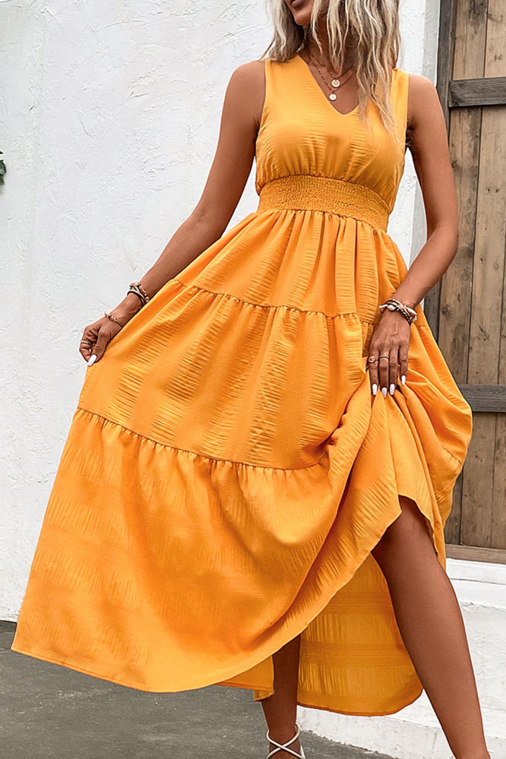 Tangerine Colored Sleeveless Smocked Waist Tiered Maxi Dress