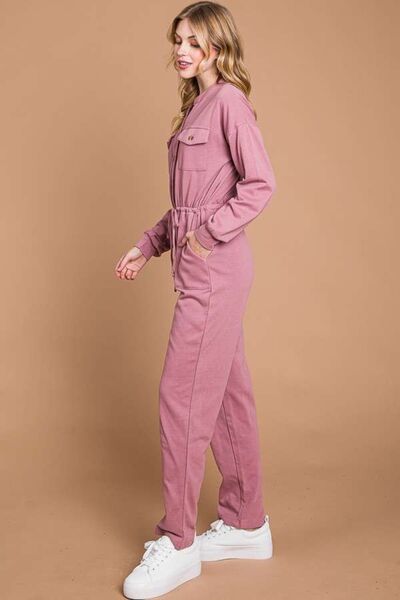 womens pink jumpsuit with pockets and long sleeves