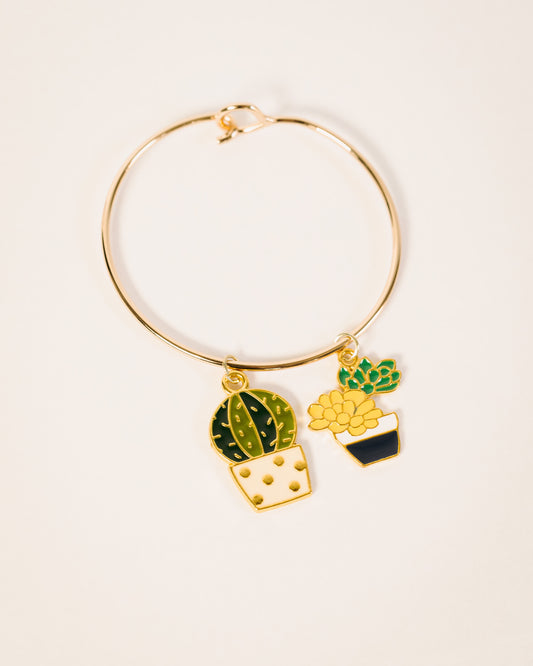 Gold Bangle Charm Bracelet, Gift for Plant Lovers & Artists	