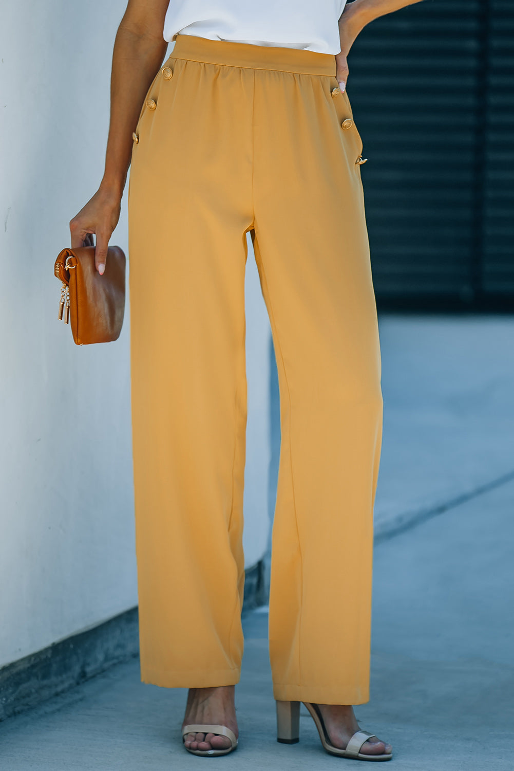 Women's Yellow High Waisted Elastic Band Wide Leg Pants with Pockets that have decorative gold buttons