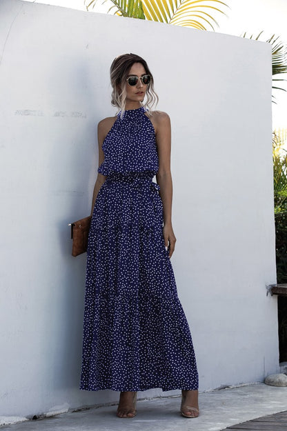 Polka Dot Halter Belted Dress