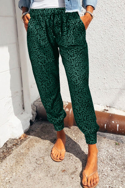 Women's Green and Black Leopard Print Jogger Pants with Pockets