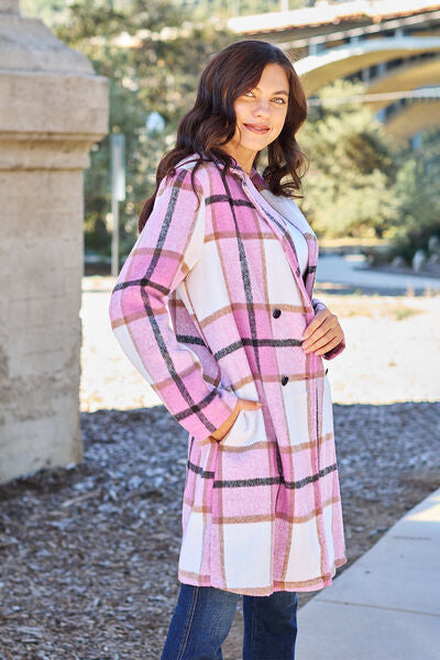 women's cute pink plaid coat with pockets