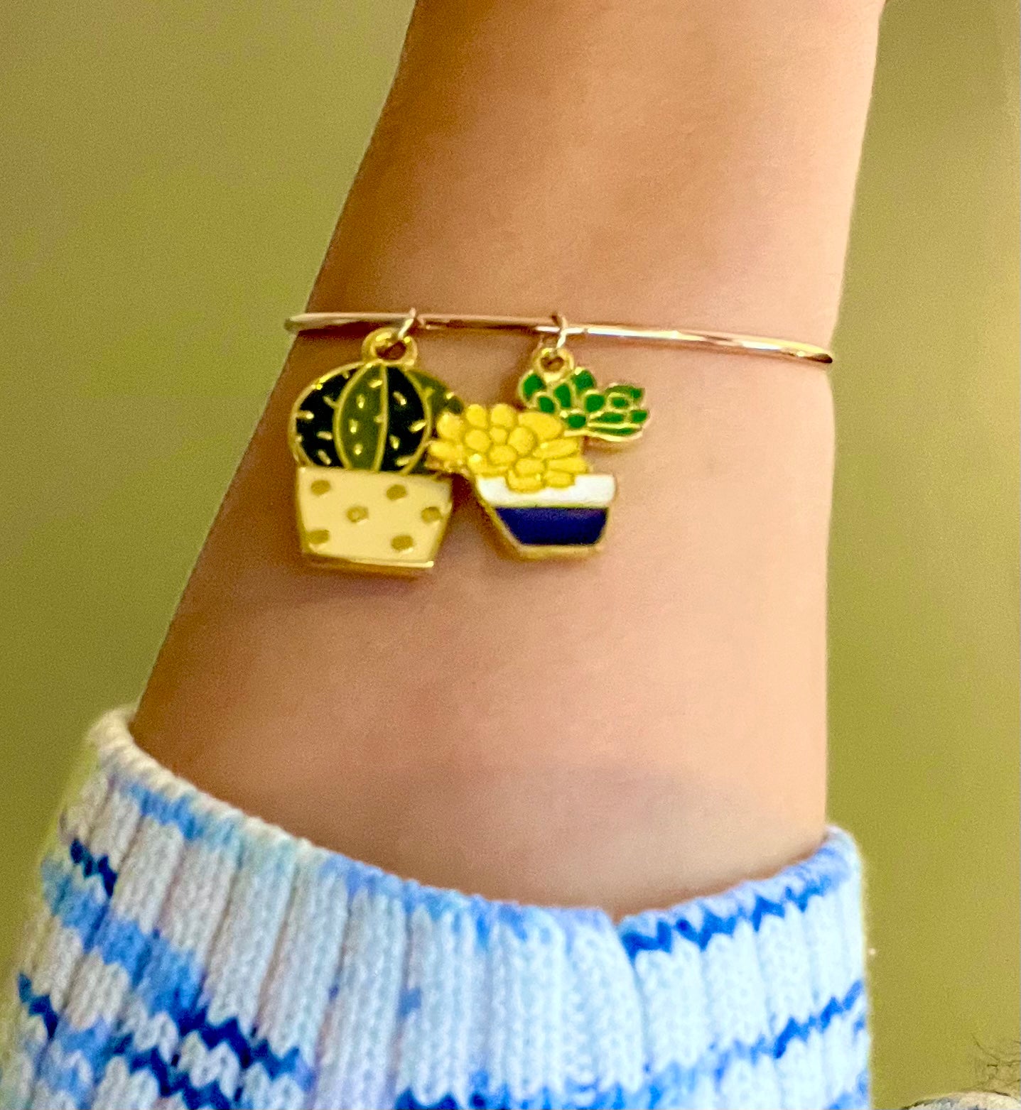 Gold Bangle Charm Bracelet, Gift for Plant Lovers & Artists	
