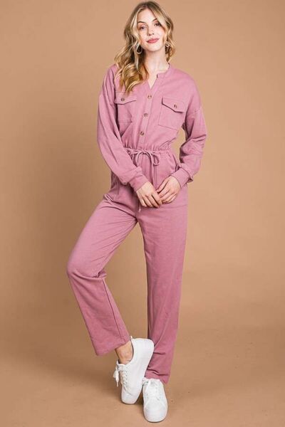 women's long sleep jumpsuit with pockets and button down